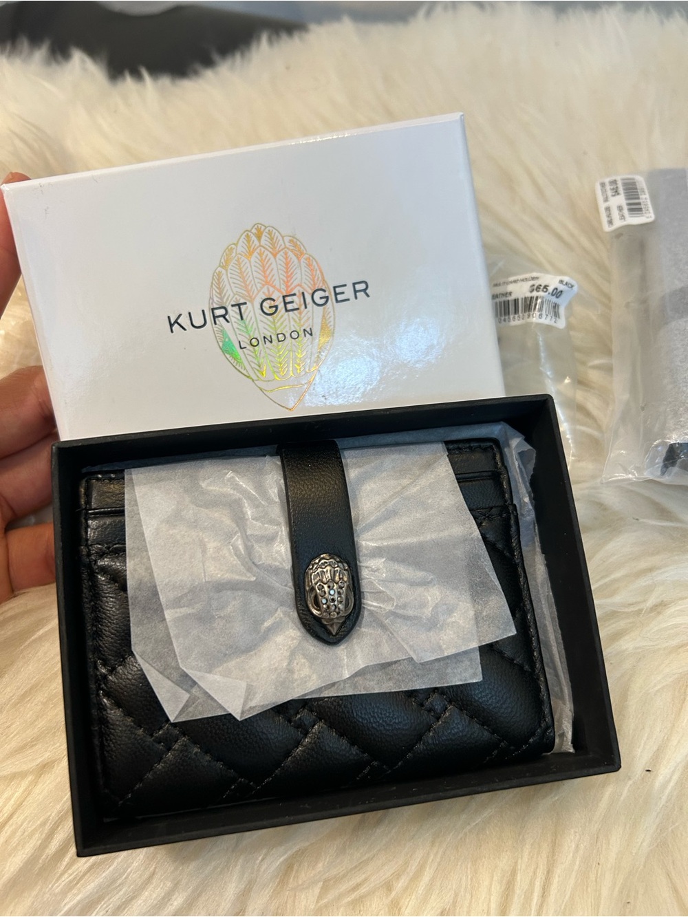 Kurt Geiger Black Quilted Wallet with Embellished Strap Snap